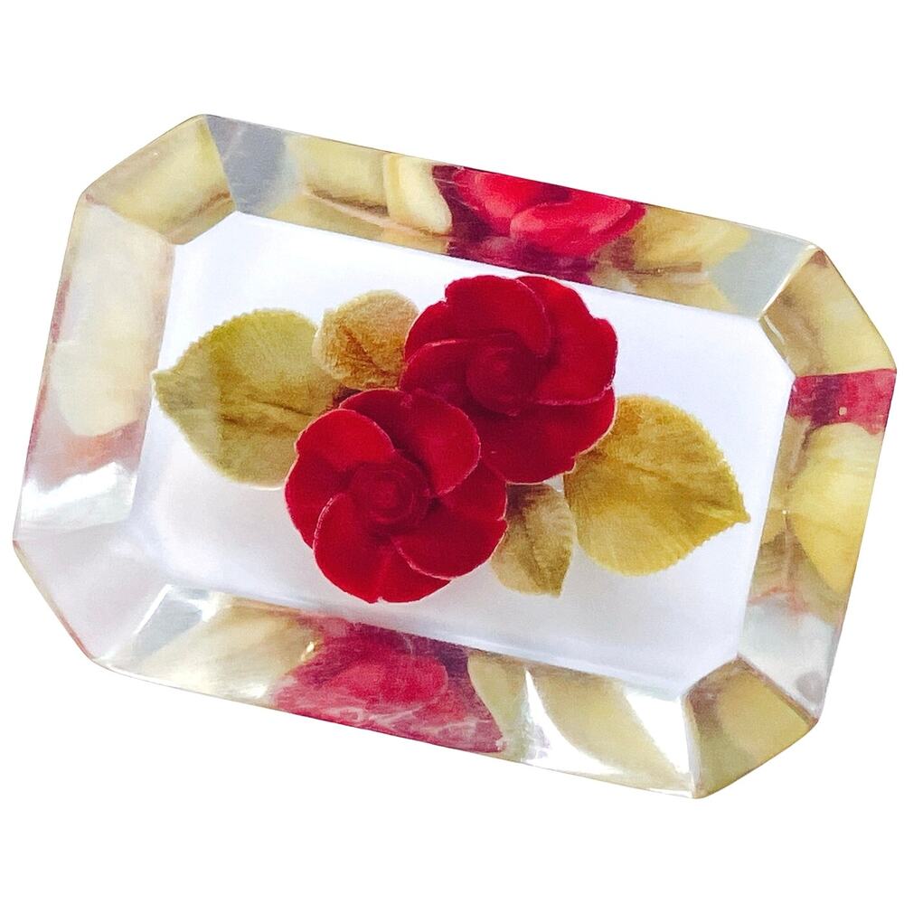 Vintage 1940s Reverse Carved Lucite Floral Brooch Red Roses Mid Century Jewelry